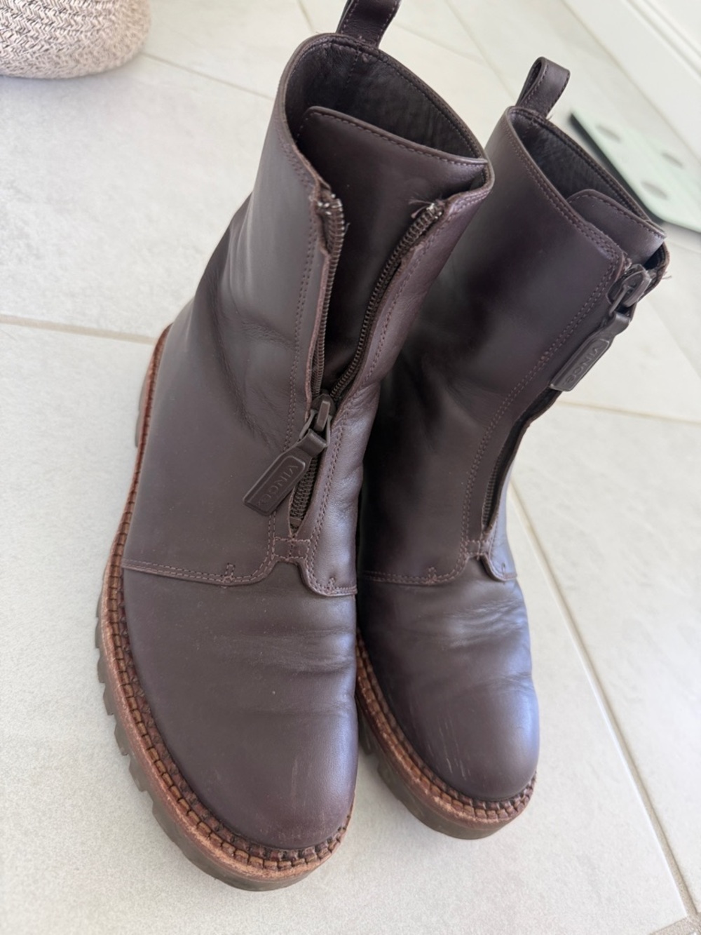 Vince Dark Brown Leather Zip-Up Ankle Boots
